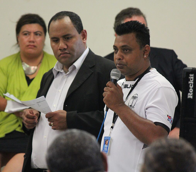 Fiji community members in a Q and A session about the Winston disaster at a public meeting in Mangere last night. Image: TJ Aumua