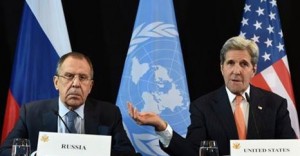Russian Foreign Minister Sergei Lavrov and US Secretary of State John Kerry speak at a news conference in Munich, Germany.