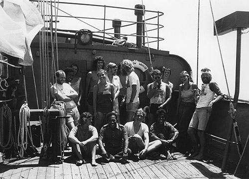 Skipper Peter Willcox with the Rainbow Warrior crew and others on board in the Marshall Islands weeks before the bombing. He is fourth from the right. Image: Fernando Pereira/Greenpeace 