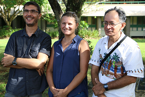 Research Institute of Development researcher Dr Pascal Dumas (left), IT engineer and OREANET creator Sylvie Fiat and USP marine biologist Dr Antoine de Ramon N'Yeurt at the USP Institute of Marine Resources in Suva. Image: TJ Aumua/PMC