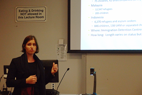 ulia Mayerhof, Executive Officer of Asia Pacific Refugee Rights Network (APRRN) speaking to the panel's audience. Photo / Jihee Junn