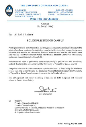 The UPNG circular about a police presence on campus. Image: UPNG