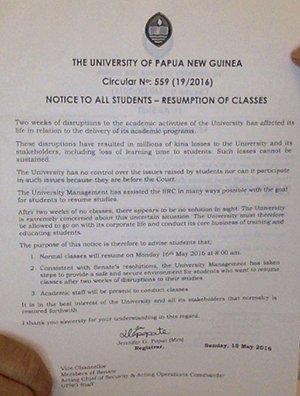The back-to-class order from the UPNG administration yesterday. Image: Citizen Journalist
