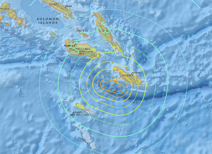 Pacific countries on tsunami alert following a 7.8 magnitude earthquake off Solomon Islands. Image: USGS 