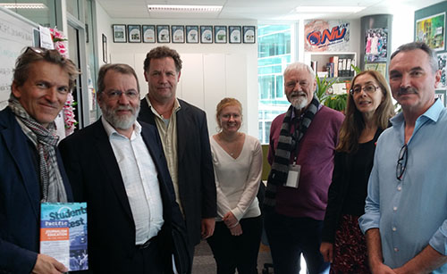 NCTV’s chief executive Laurent Le Brun (second from left) and colleagues with AUT staff in the Pacific Media Centre today. Image: Scott Creighton /AUT