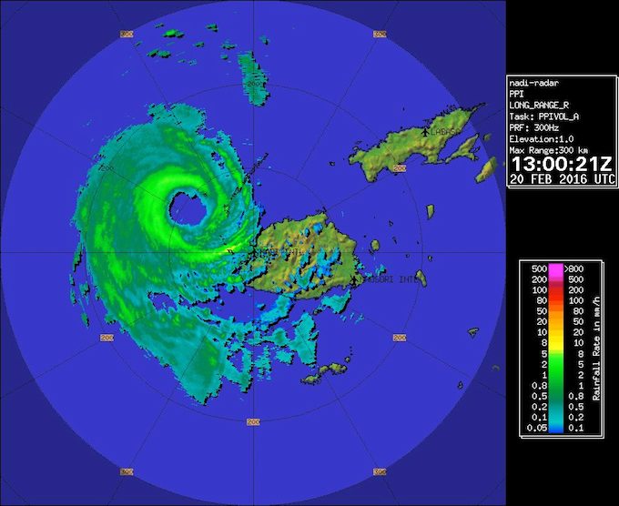 Hurricane Winston at 1am this morning after peaking and moving westwards from the main island of Viti Levu. Image: NaDraki Weather