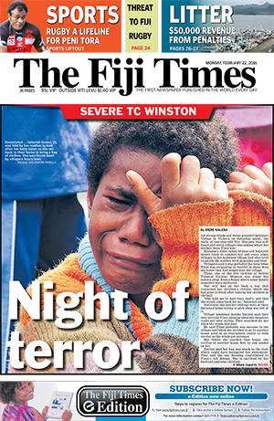 Today’s front page of the TC Winston edition of The Fiji Times. Image: Fred Wesley