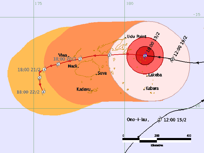 Tropical Cyclone Winston's path across Fiji. Many flights have been cancelled. Image: Newswire Fiji