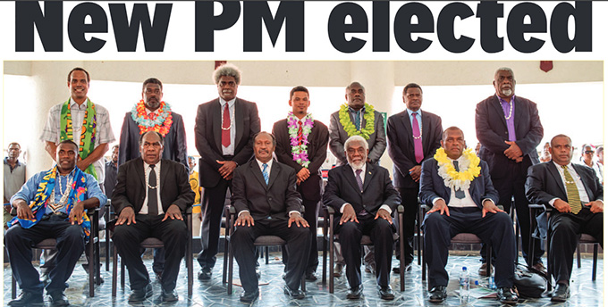 Charlot Salwai Tabimasmas (seated 3rd from left) is the new Prime Minister of Vanuatu. Image: Jonas Cullwick/Vanuatu Daily Post