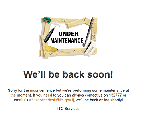 The maintenance message on the Fiji police website 6 hours after Newswire Fiji reported the hack. Image: Cafe Pacific