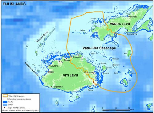 The Vatu-i-Ra seascape between Viti Levu and Vanua Levu islands. Map: Seascapes.com