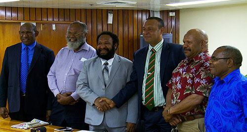 Opposition Leader Don Poyle with other opposition MPs yesterday. Image: EMTV News