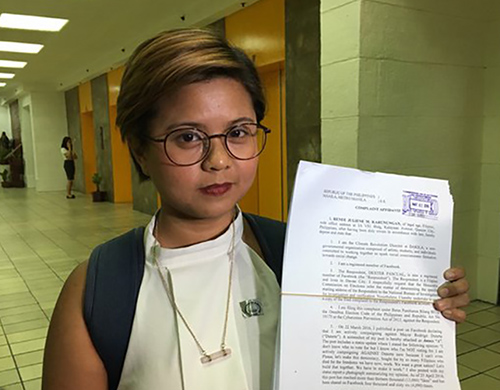 Human rights defender and climate advocate Renee Julienne Karunungan filed an election offense case against supporters of presidential candidate Davao City Mayor Rodrigo "Rody" Duterte. The STAR/Shiela Crisostomo