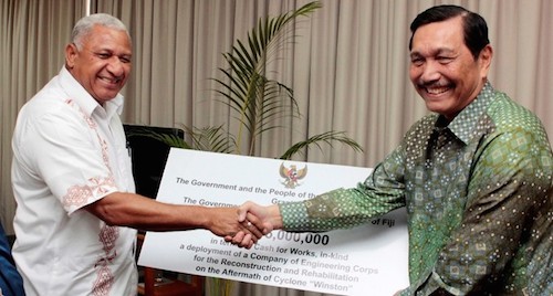 Fiji's Voreqe Bainimarama shakes hands with General Pandiaitan. "General Pandjaitan has repeatedly claimed that he has secured Fiji and Papua New Guinea’s support for Indonesia." Image: Fiji Sun