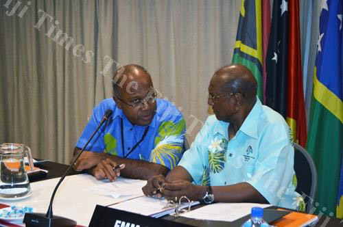 Melanesian Spearhead Group director general Amena Yauvoli, left, with foreign affairs ministers meeting chair Milner Tozaka in Lautoka. Picture: REINAL CHAND