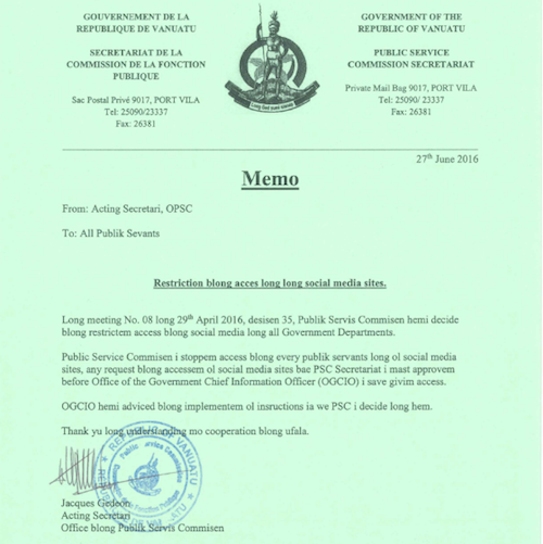 The Vanuatu Public Service Commission letter banning social media for government workers. Image: Vanuatu Daily Digest