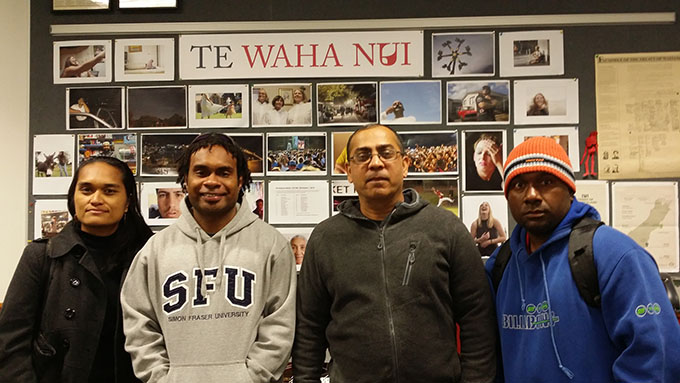 Visitors to AUT's Te Waha Nui: Irene Manueli (from left), editor-in-chief of Wansolwara, Radio Pasifik's Eliki Drugunalevu, and University of the South Pacific head of journalism Dr Shailendra Singh; and Eddie Osifelo of the Solomon Star. Image: David Robie/PMC