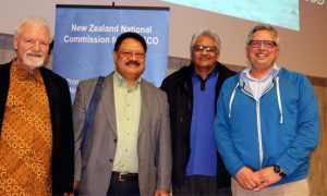 Audience members of the WJEC plenary included (from left): Professor David Robie, Kalafi Moala, Pacific Islands Media Association (PIMA) chairman Will 'Ilolahia and Programme Leader, and AUT Pacific Journalism educator Richard Pamatatau. Image: Del Abcede/PMC