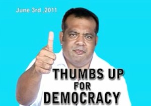 "Thumbs up for democracy" in Fiji campaign image of Ratu Tevita Mara who defected from the coup leaders in 2011. Image: Pacific Scoop