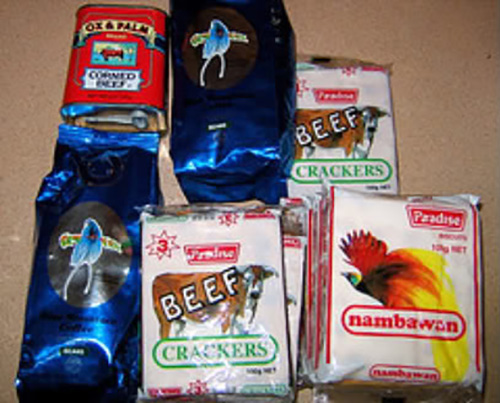 Ox & Palm corned beef and other PNG foodstuffs ... Beef cracker Biscuits and Nambawan Biscuits. Image: PNG Business and Tourism