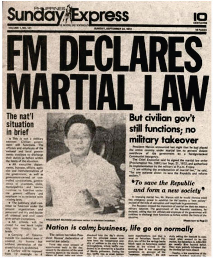 News of the declaration of Martial Law in the Philippines on 21 September 2016. Image: Philippine Sunday Express