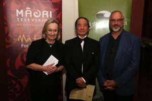 Co-producer Christina Milligan (left) with Peace Foundation board member Tom Ang and other co-producer Roger Grant (far right). Film director Kim Webby is currently in Vanuatu opening the documentary at another film festival. Image: Nga Aho Whakaari