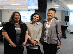 At the launch of Tuwhera: Director of learning and research services (AUT) Shari Hearne (left) with Pacific Media Watch contributing editor TJ Aumua and the Pacific Media Centre's Advisory Board Chair Camille Nakhid (far right). Image: PMC