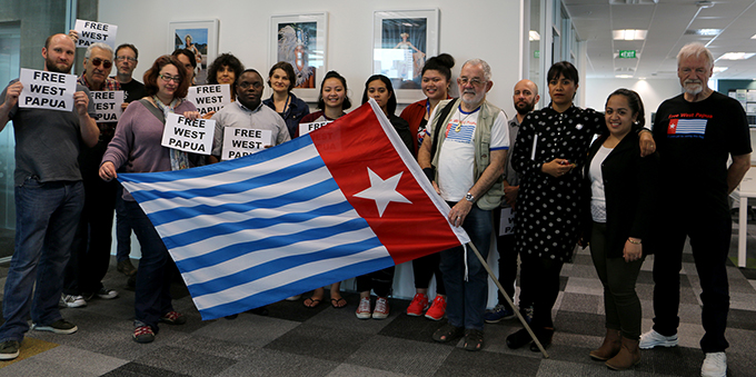 "Free West Papua" message at the Pacific Media Centre today. Image: Del Abcede/PMC