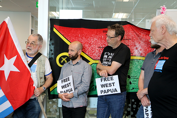 Supporters of West Papuan self-determination at the flag-raising ceremony today. Image: Del Abcede/PMC