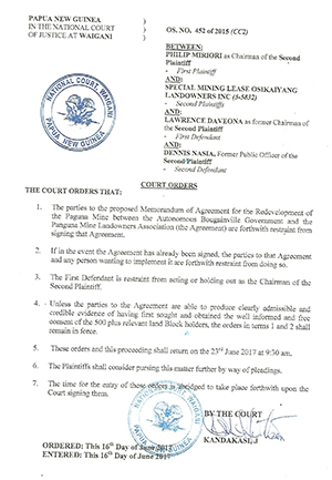 The National Court order supporting the Panguna women landowners seeking to block Bougainville Copper Limited. Image: PMC