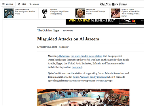 New York Times on the Qatari crisis … Saudi Arabia “hardly innocent when it comes to spreading Islamist extremism”. Image: PMC