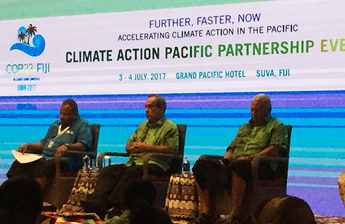 Fiji Climate Champion Inia Seruiratu (from left), President of Federated States of Micronesia Peter M. Christian and Fiji Prime Minister Bainimarama at the CAPP talks in Suva. Image: TAI