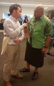 TAI’s Rod Campbell talks to Fiji Prime Minister Voreqe Bainimarama in Suva. Image: TAI