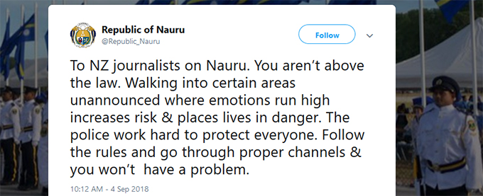 The Nauru government’s ‘you aren’t above the law” media warning via Twitter. Image: PMC