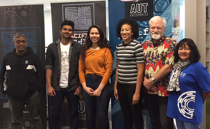 Some of the Pacific Media Centre team: Sri Krishnamurthi (from left), Blessen Tom, Leilani Sitagata, Associate Professor Camille Nakhid, Professor David Robie and Del Abcede. Image: Craig Major/AUT