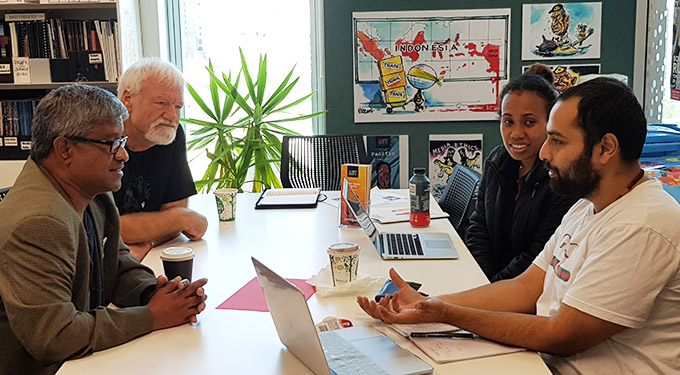 Sri Krishnamurthi (from left), Professor David Robie, Pauline Mago-King and Rahul Bhattarai at a Pacific Media Centre editorial meeting this week. Image: Stephanie Tapungu/PMC