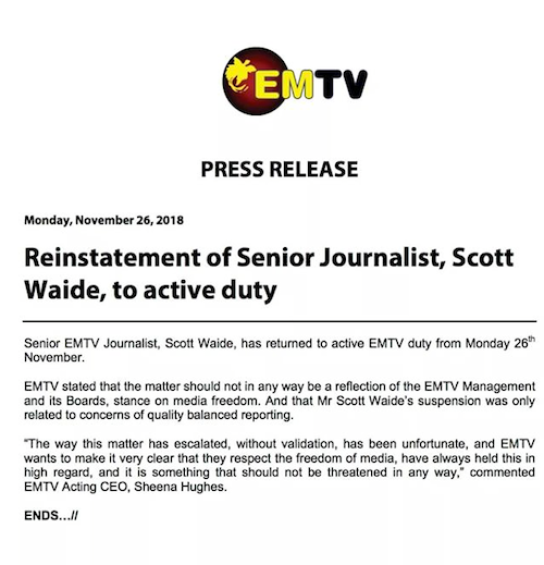 Today’s EMTV reinstatement media release. Source: EMTV