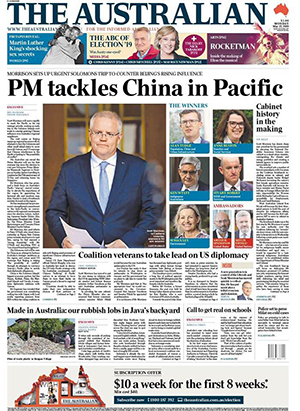 The Australian report yesterday on Prime Minister Scott Morrison “tackling” China in the Pacific. Image: Screen shot PMC