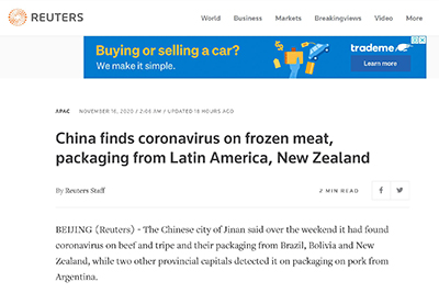China finds coronavirus on meat