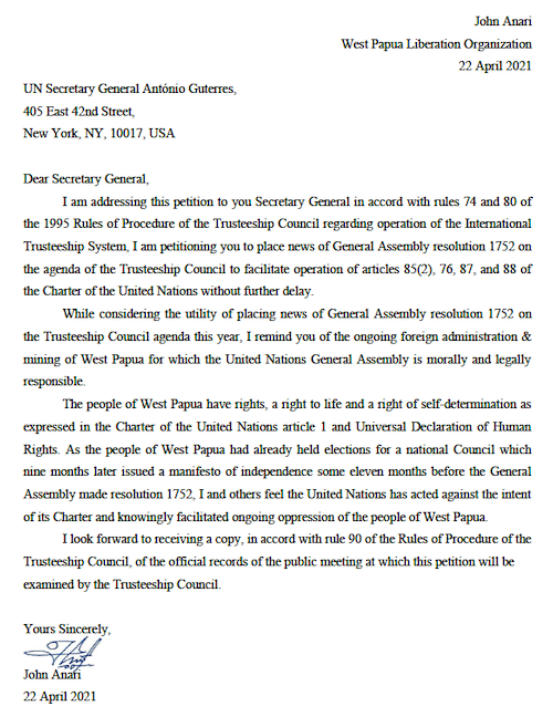 West Papua letter to UN John Anari 22042021