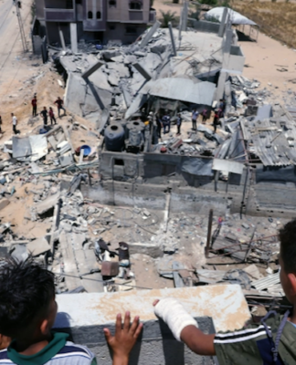 Palestinian children and Gaza bomb site