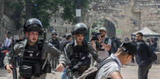 sraeli police chase a Palestinian demonstrator