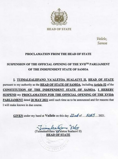 Samoan Head of State's proclamation 22 May 2021 