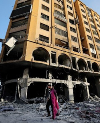 The damaged Al Jawhara Tower in Gaza City