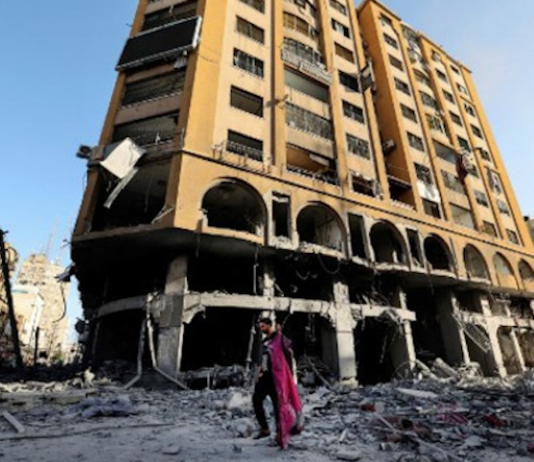 The damaged Al Jawhara Tower in Gaza City