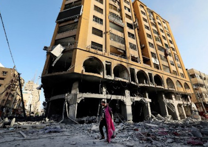 The damaged Al Jawhara Tower in Gaza City