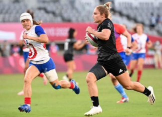Sevens Black Fern Michaela Blyde with France's Camille Grassineau in Tokyo