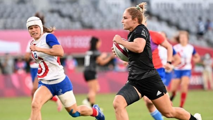 Sevens Black Fern Michaela Blyde with France's Camille Grassineau in Tokyo