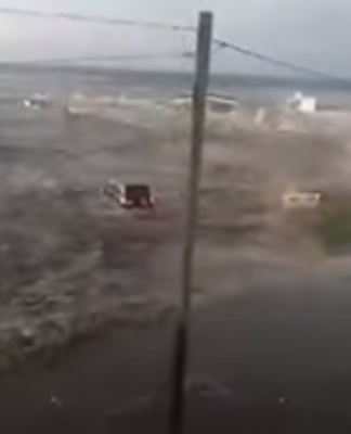A vehicle being swept away by the tsunami wave on 'Eua