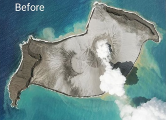 Satellite images of the Hunga Tonga-Hunga Ha'apai volcano before and after the 15-01-2022 eruption.